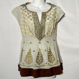 Anthropologie Floreat Top Embroid White Gold Sz 6